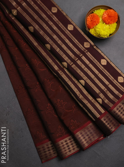 Kora silk cotton saree rust shade and maroon with allover self emboss  and zari woven border