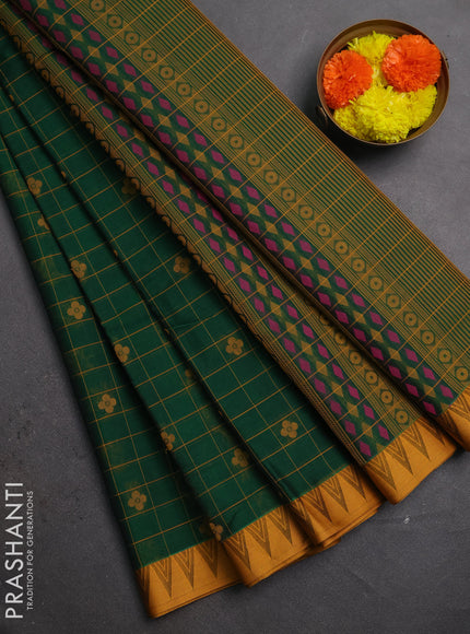 Kora silk cotton saree green and mustard yellow with allover thread checks & buttas and temple design thread woven border