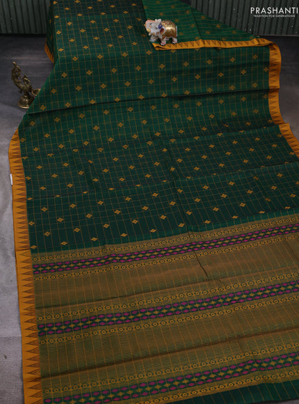 Kora silk cotton saree green and mustard yellow with allover thread checks & buttas and temple design thread woven border