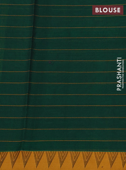 Kora silk cotton saree green and mustard yellow with allover thread checks & buttas and temple design thread woven border