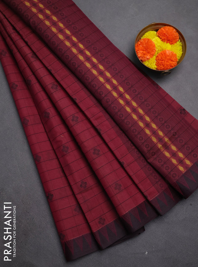 Kora silk cotton saree dark magenta pink and black with allover thread checks & buttas and temple design thread woven border
