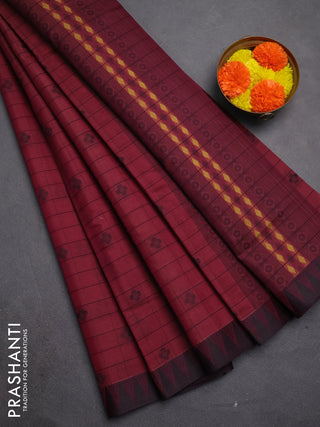 Kora silk cotton saree dark magenta pink and black with allover thread checks & buttas and temple design thread woven border