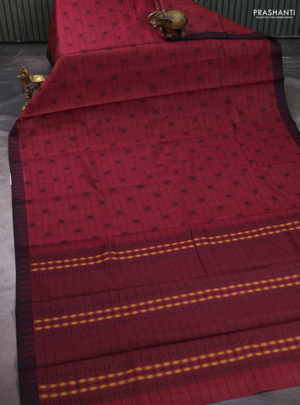 Kora silk cotton saree dark magenta pink and black with allover thread checks & buttas and temple design thread woven border