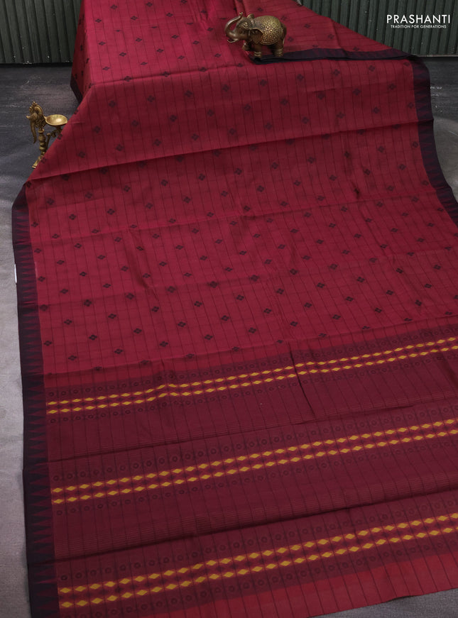 Kora silk cotton saree dark magenta pink and black with allover thread checks & buttas and temple design thread woven border