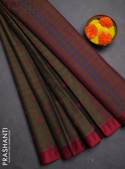 Kora silk cotton saree military green and maroon with allover thread checks & buttas and temple design thread woven border