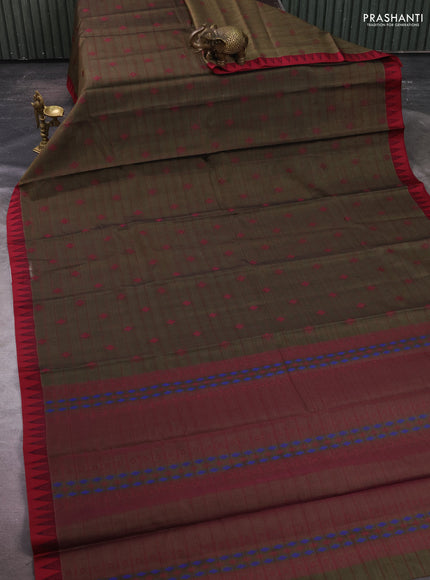Kora silk cotton saree military green and maroon with allover thread checks & buttas and temple design thread woven border