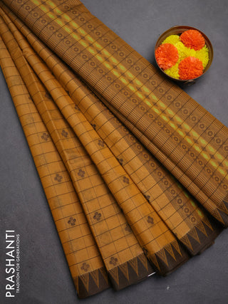 Kora silk cotton saree mustard yellow and black with allover thread checks & buttas and temple design thread woven border