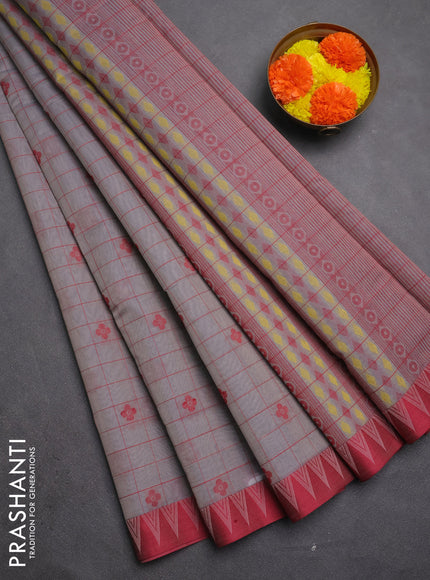Kora silk cotton saree grey and maroon with allover thread checks & buttas and temple design thread woven border