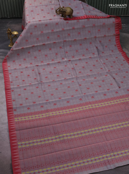 Kora silk cotton saree grey and maroon with allover thread checks & buttas and temple design thread woven border