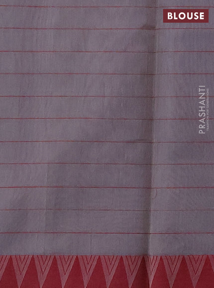 Kora silk cotton saree grey and maroon with allover thread checks & buttas and temple design thread woven border