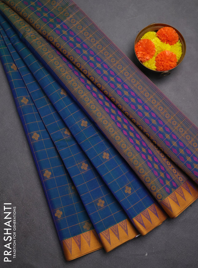 Kora silk cotton saree peacock green and mustard yellow with allover thread checks & buttas and temple design thread woven border