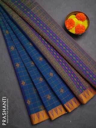 Kora silk cotton saree peacock green and mustard yellow with allover thread checks & buttas and temple design thread woven border