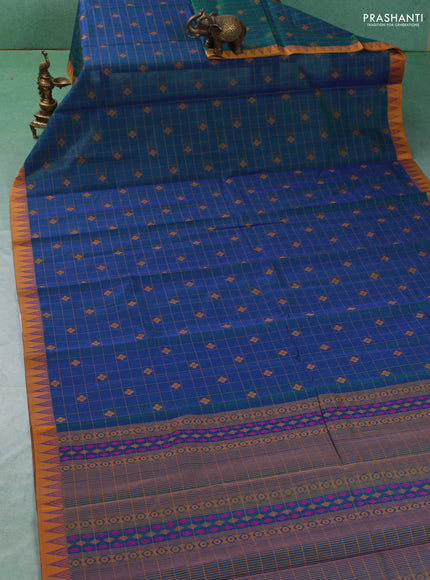Kora silk cotton saree peacock green and mustard yellow with allover thread checks & buttas and temple design thread woven border