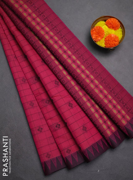 Kora silk cotton saree pink and black with allover thread checks & buttas and temple design thread woven border