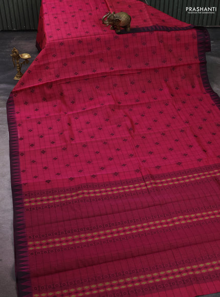 Kora silk cotton saree pink and black with allover thread checks & buttas and temple design thread woven border