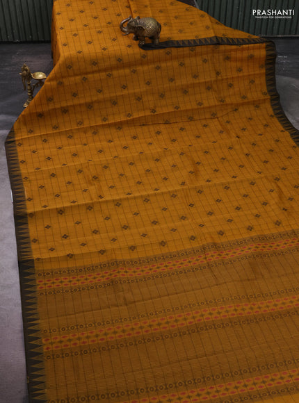Kora silk cotton saree mustard yellow and black with allover thread checks & buttas and temple design thread woven border