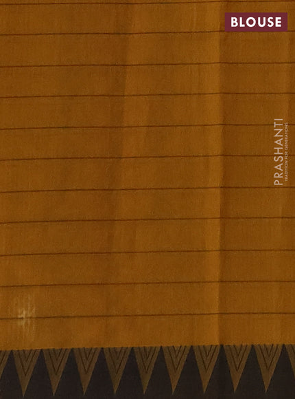 Kora silk cotton saree mustard yellow and black with allover thread checks & buttas and temple design thread woven border