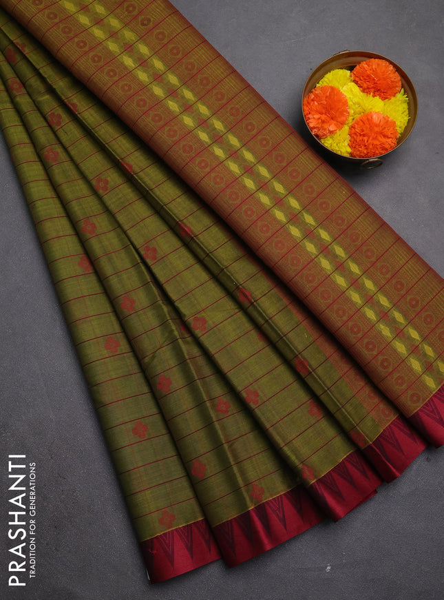 Kora silk cotton saree mehendi green and maroon with allover thread checks & buttas and temple design thread woven border