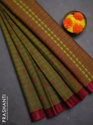 Kora silk cotton saree mehendi green and maroon with allover thread checks & buttas and temple design thread woven border