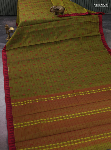 Kora silk cotton saree mehendi green and maroon with allover thread checks & buttas and temple design thread woven border
