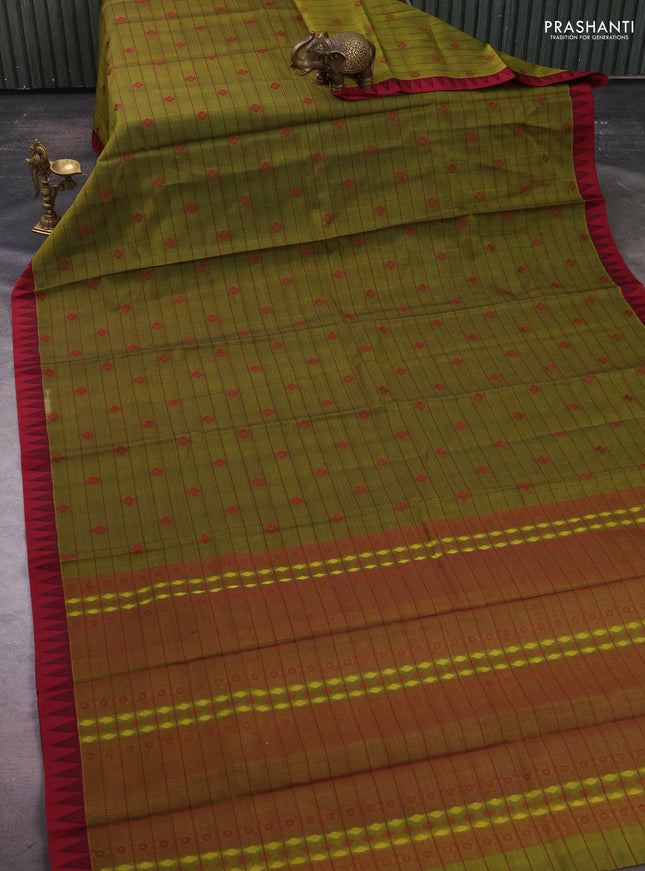 Kora silk cotton saree mehendi green and maroon with allover thread checks & buttas and temple design thread woven border