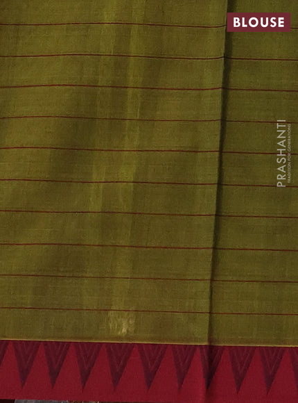 Kora silk cotton saree mehendi green and maroon with allover thread checks & buttas and temple design thread woven border