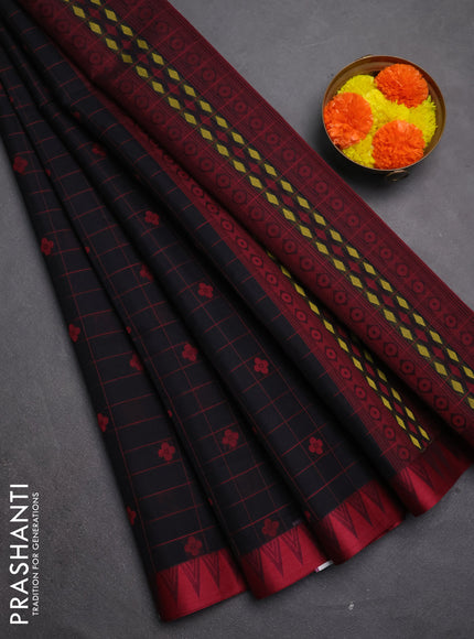 Kora silk cotton saree black and maroon with allover thread checks & buttas and temple design thread woven border