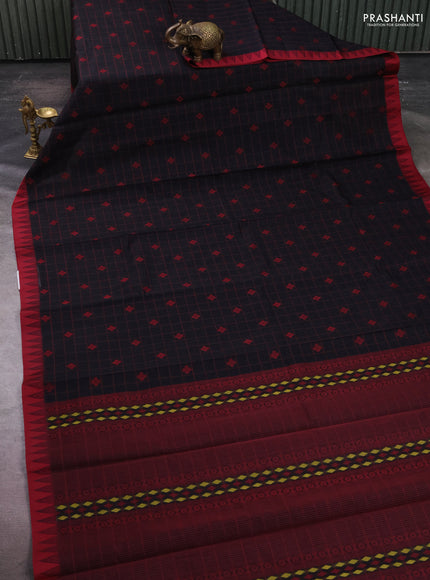 Kora silk cotton saree black and maroon with allover thread checks & buttas and temple design thread woven border