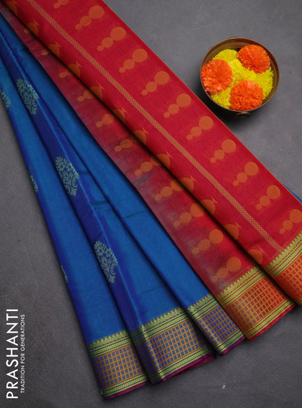 Kora silk cotton saree peacock blue and mustard yellow with allover thread woven buttas and thread woven border