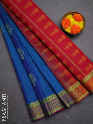 Kora silk cotton saree peacock blue and mustard yellow with allover thread woven buttas and thread woven border