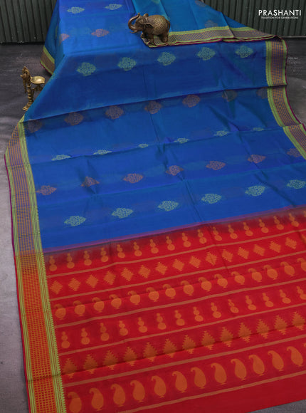 Kora silk cotton saree peacock blue and mustard yellow with allover thread woven buttas and thread woven border