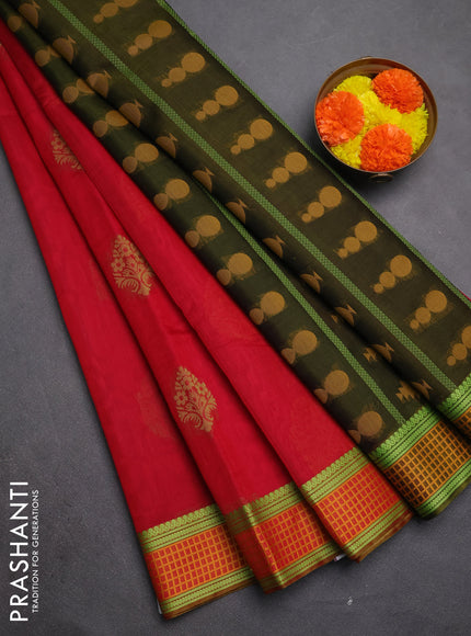 Kora silk cotton saree red and mustard yellow with allover thread woven buttas and thread woven border