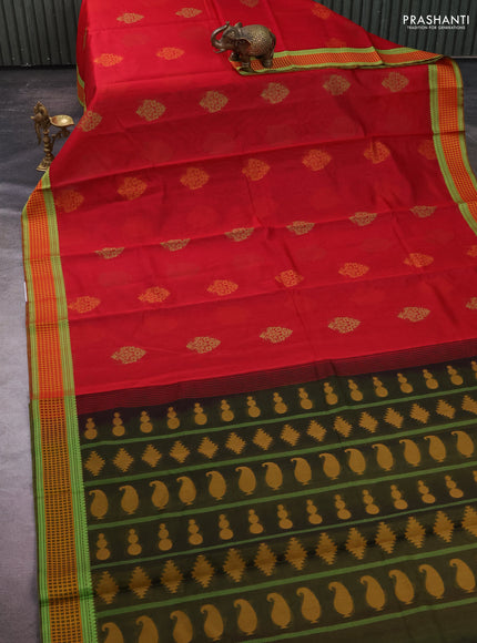 Kora silk cotton saree red and mustard yellow with allover thread woven buttas and thread woven border