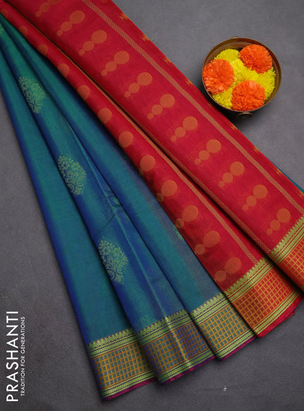 Kora silk cotton saree peacock green and mustard yellow with allover thread woven buttas and thread woven border