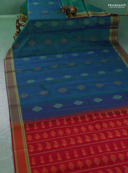 Kora silk cotton saree peacock green and mustard yellow with allover thread woven buttas and thread woven border