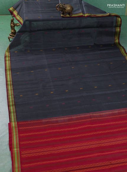 Kora silk cotton saree grey and maroon with paisley thread woven buttas and thread woven border