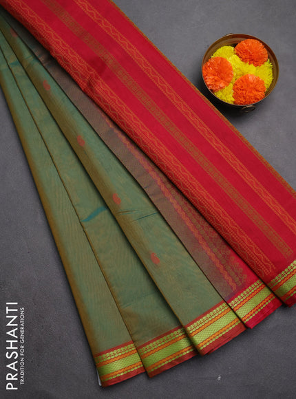 Kora silk cotton saree dual shade of green and maroon with paisley thread woven buttas and thread woven border