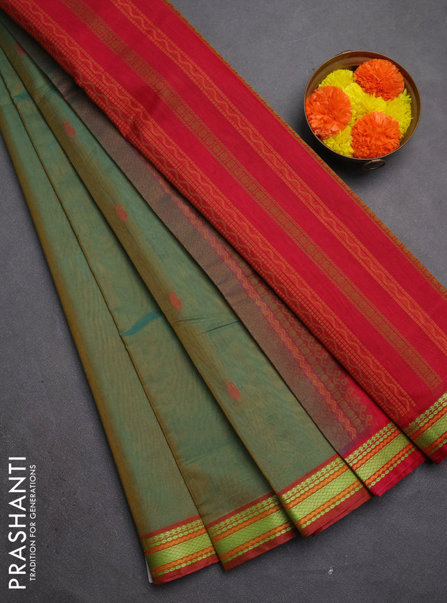 Kora silk cotton saree dual shade of green and maroon with paisley thread woven buttas and thread woven border