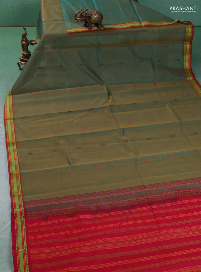 Kora silk cotton saree dual shade of green and maroon with paisley thread woven buttas and thread woven border