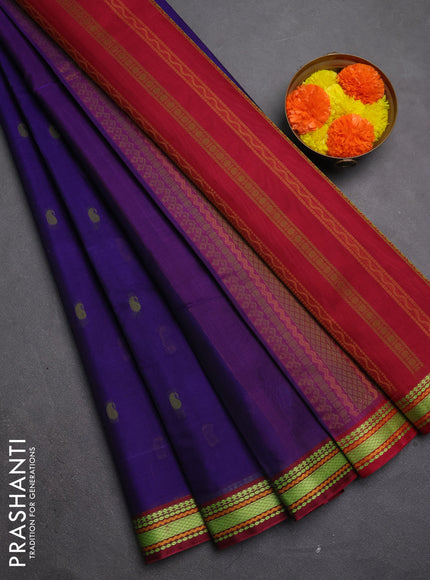 Kora silk cotton saree violet and maroon with paisley thread woven buttas and thread woven border