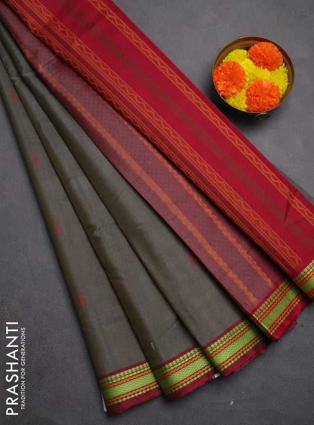 Kora silk cotton saree grey and maroon with paisley thread woven buttas and thread woven border