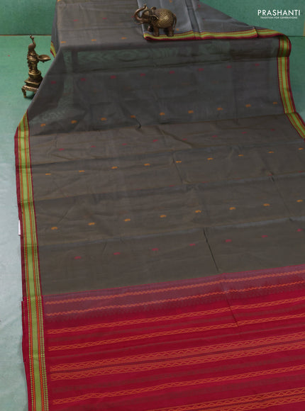 Kora silk cotton saree grey and maroon with paisley thread woven buttas and thread woven border