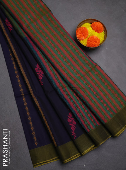Kora silk cotton saree navy blue and sap green with allover thread weaves and buttas and simple border