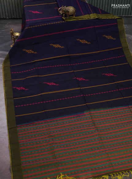 Kora silk cotton saree navy blue and sap green with allover thread weaves and buttas and simple border