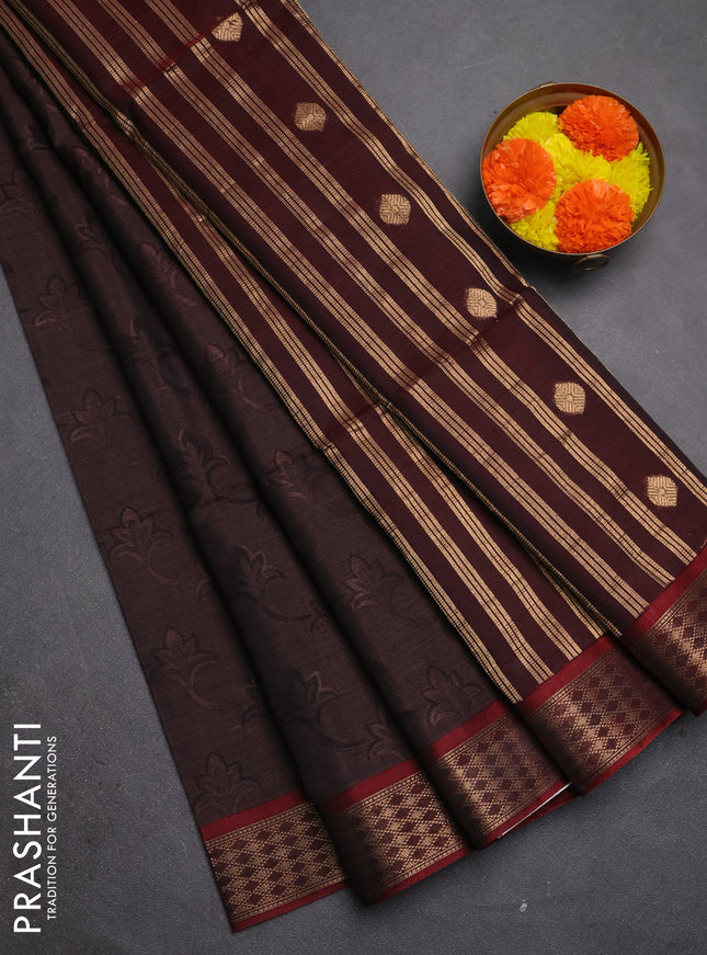 Kora silk cotton saree brown and maroon with allover self emboss  and zari woven border