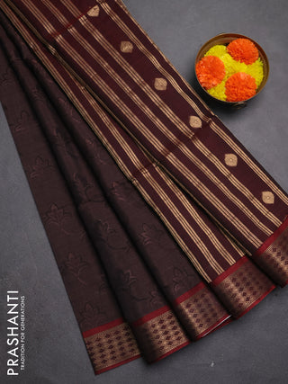 Kora silk cotton saree brown and maroon with allover self emboss  and zari woven border