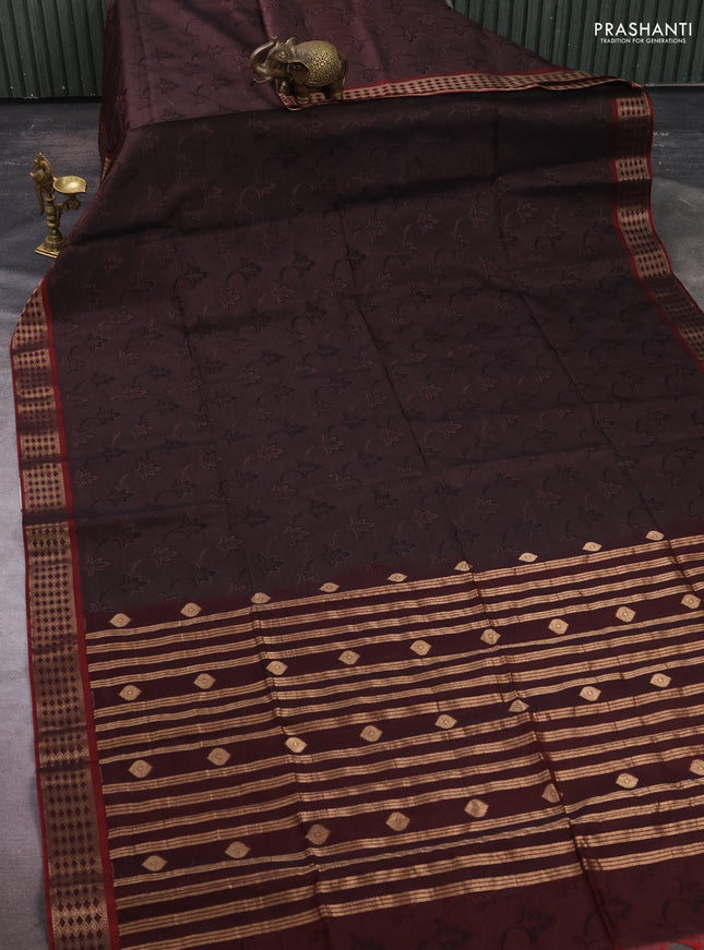 Kora silk cotton saree brown and maroon with allover self emboss  and zari woven border