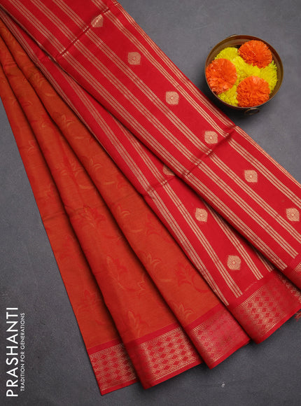 Kora silk cotton saree rustic orange and red with allover self emboss  and zari woven border