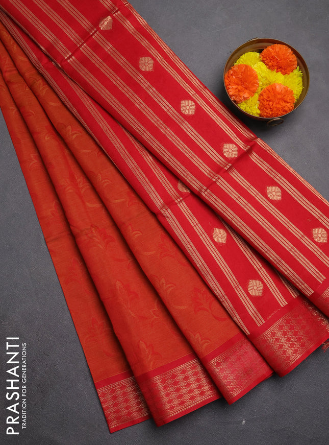 Kora silk cotton saree rustic orange and red with allover self emboss  and zari woven border