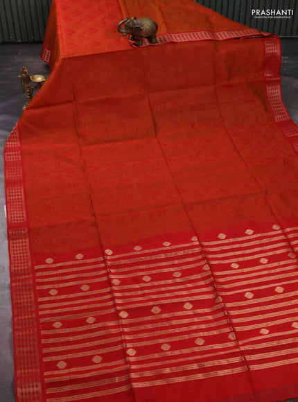 Kora silk cotton saree rustic orange and red with allover self emboss  and zari woven border